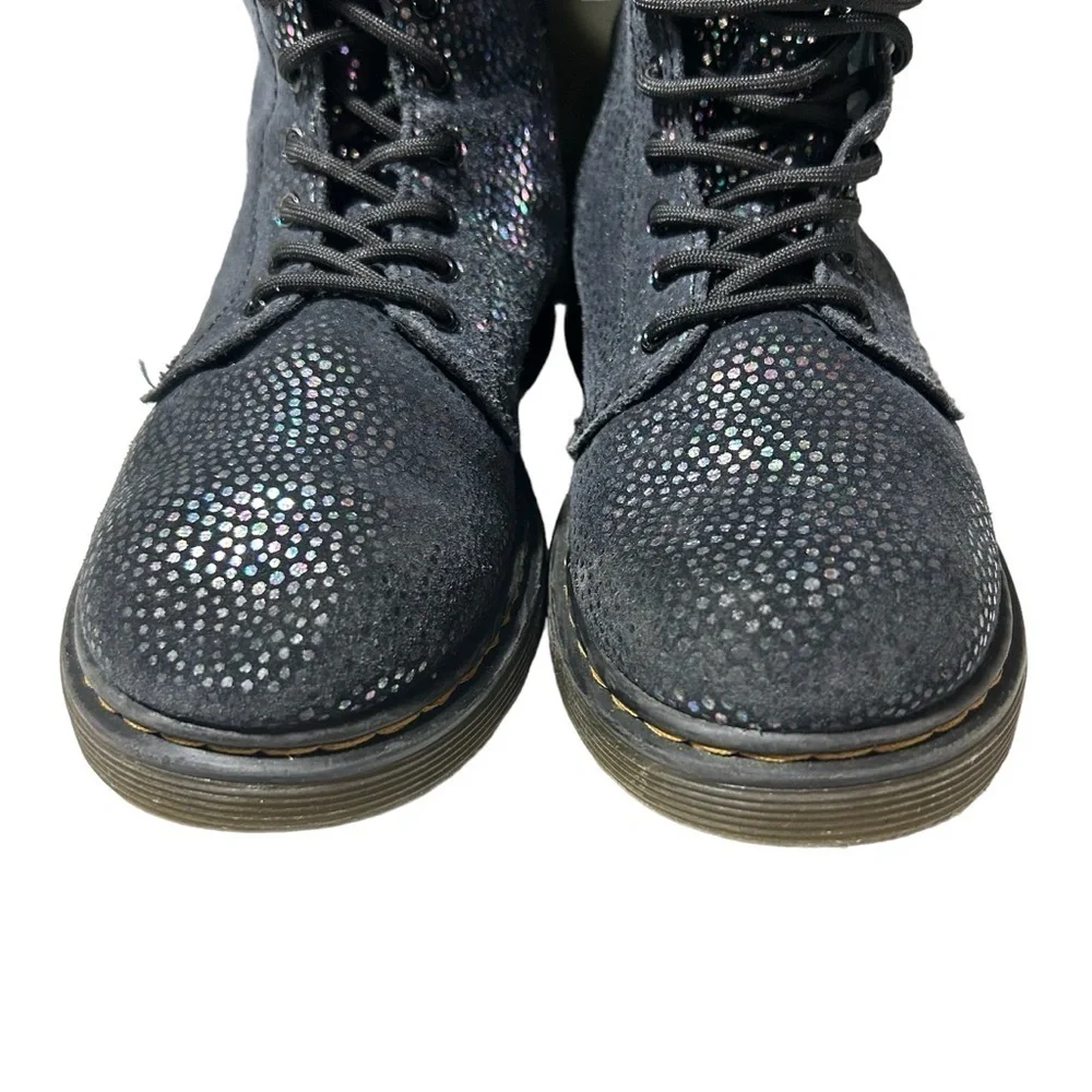 Dr. Martens Pascal Lace Up Boots Black Suede Outer Iridescent Foil Kids Girls 3Y